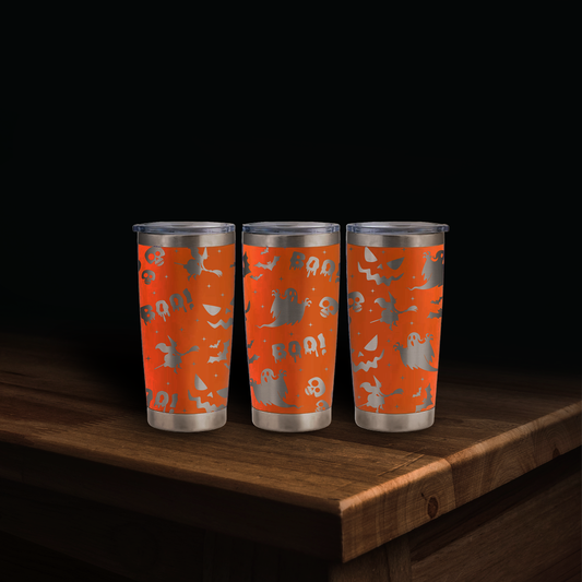 Halloween “BOO!” Laser Engraved Tumbler Wrap SVG | 20oz Skinny Tumbler Seamless Design | Digital Download for Laser Rotary Engraving