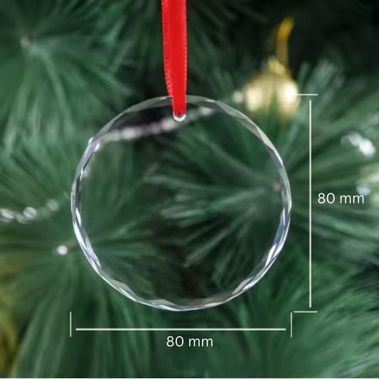 *Preorder* 80 mm Round K9 Crystal Ornament Blank – Faceted Edge | Red Gift Box & Ribbon Included