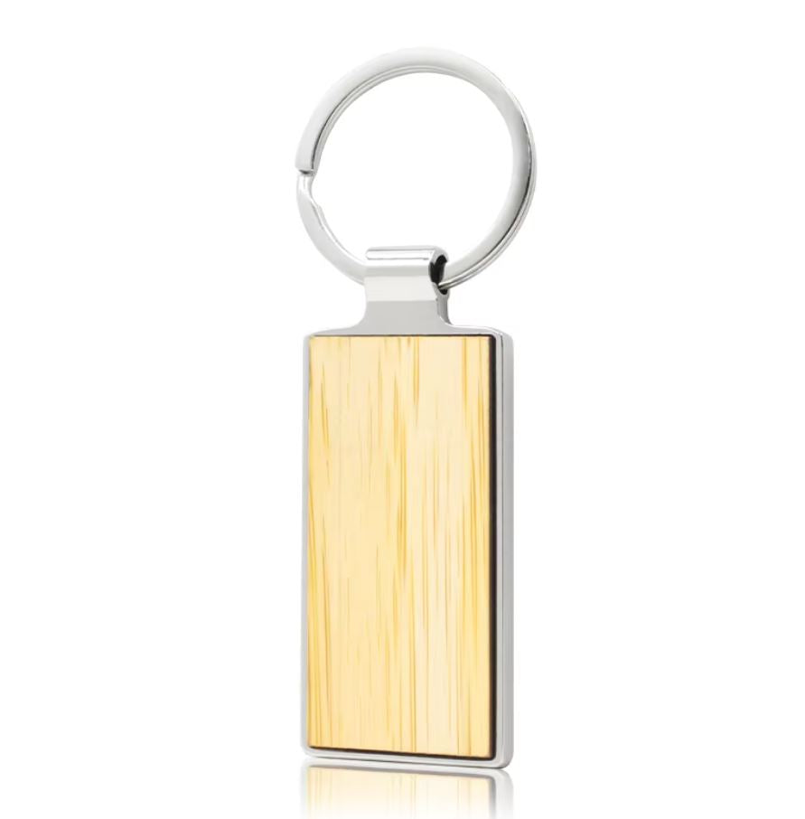 Rectangle Wood And Stainless Steel Keychain