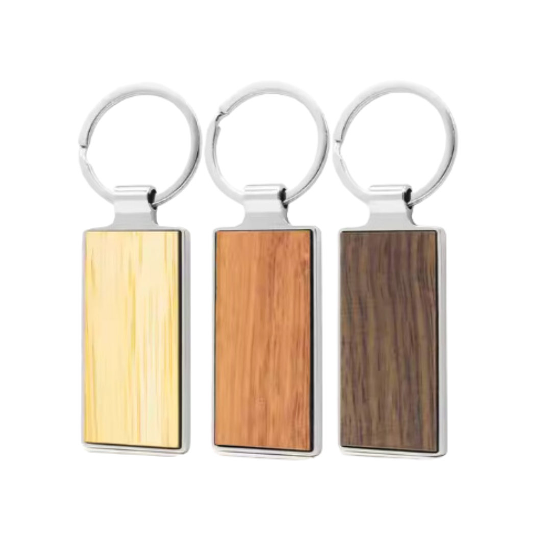Rectangle Wood And Stainless Steel Keychain